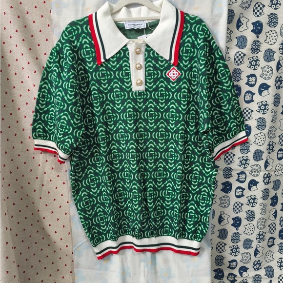 casablanca Other - Casablanca Green Patterned Short-Sleeve Polo Knit Top with Ivory Collar